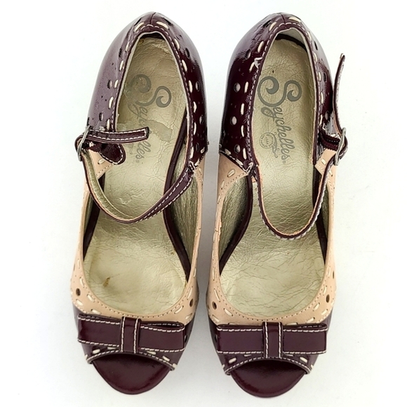 Seychelles  Retro Asterisk Nude Patent Burgundy Peep Toe Mary Jane Heels Size 8 - Picture 9 of 15